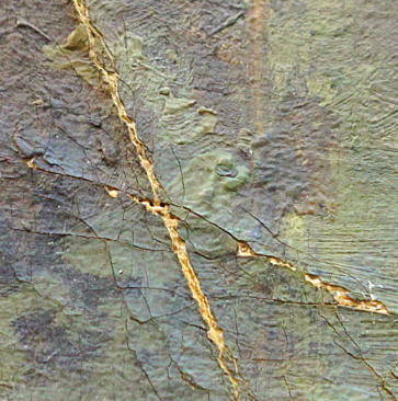 Detail Stereomikroskop-Aufnahme: pastose Ölmalerei auf Leinwand.