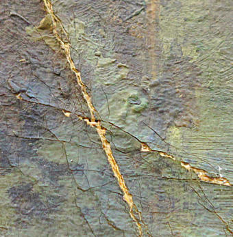 Detail Stereomikroskop-Aufnahme: pastose Ölmalerei auf Leinwand.