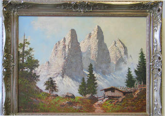 "Dolomiten", Gustav Weiss-Loreth (1913), deutscher Landschaftsmaler: Gemälde nach Rissverklebung und Restaurierung.